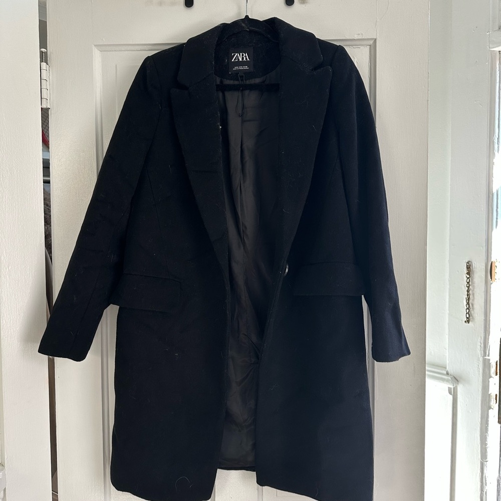 Zara Black Single-Breasted Wool-Blend Trench Coat